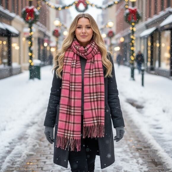 NEW Madewell Gauzy Plaid Scarf Azalea Pink Oversized Fringe Acrylic Wool Blend - Picture 4 of 8